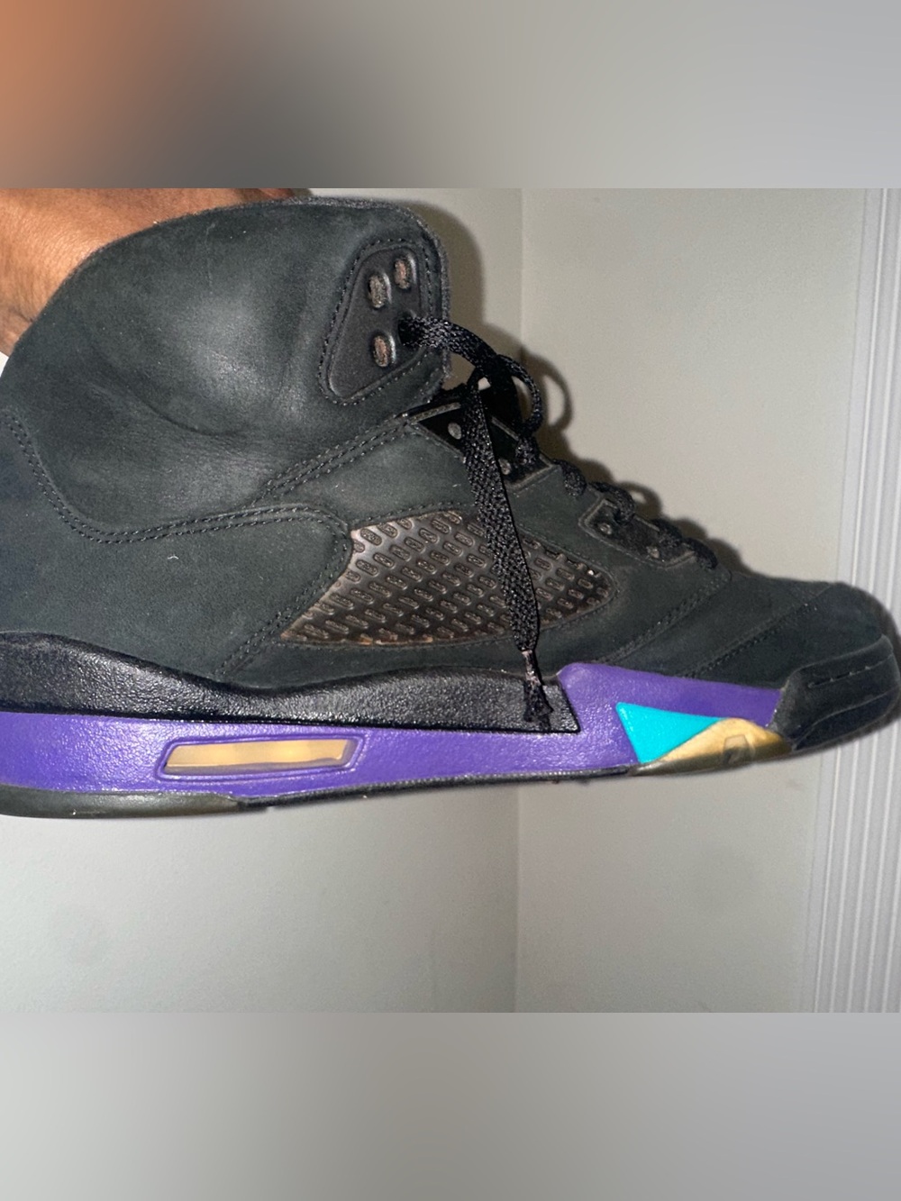 Retro Jordan’s 5’s Black High-Top Athletic Sneaker with Purple & Teal Accents